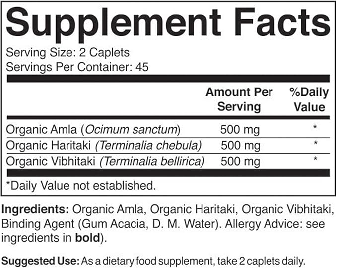 Brieofood Organic Triphala 1500mg, 45 Servings, Vegetarian, Gluten Free, 90 Vegetarian Tablets