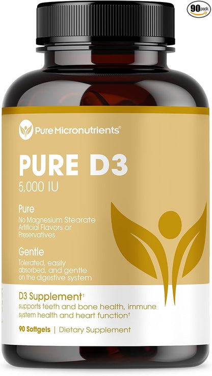 Pure Micronutrients Pure D3 – Vitamin D3 5000 IU, Natural Vitamin D Supplements (Cholecalciferol) - Immune Support, Healthy Muscle Function & Bone Health - 90 Mini Softgels