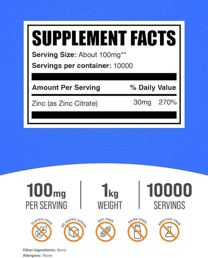 BulkSupplements.com Zinc Citrate Powder - Zinc Supplements, Zinc 30mg, Zinc Powder - Pure Zinc Citrate, for Immune Support - Gluten Free, 100mg per Serving, 1kg (2.2 lbs)