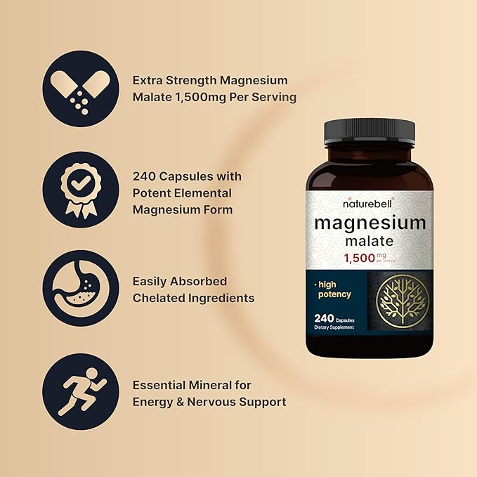 Magnesium Malate 1,500mg Per Serving, 240 Capsules | Chelated for High Absorption – Energy & Nervous Mineral Supplement – Non-GMO, Gluten Free