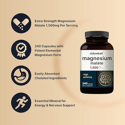 Magnesium Malate 1,500mg Per Serving, 240 Capsules | Chelated for High Absorption – Energy & Nervous Mineral Supplement – Non-GMO, Gluten Free