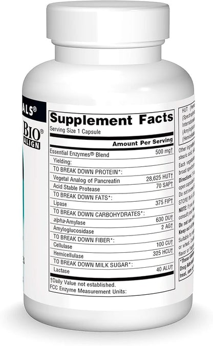 Source Naturals Essential Enzymes 500mg Bio-Aligned Multiple Enzyme Supplement Herbal Defense for Digestion, Gas, Constipation & Bloating Relief - Supports Immune System* - 120 Vegetarian Capsules