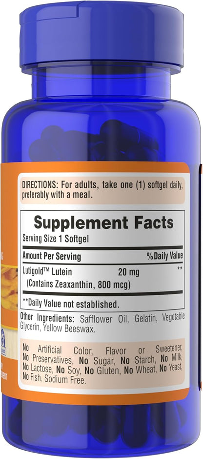 Puritan's Pride Premium Lutigold Lutein Carotenoid 20mg with Zeaxanthin for Men and Women, Dietary Supplement for Eye Health Support, 8 Month Supply, 120 Easy-to-Swallow Softgels, 2 Pack