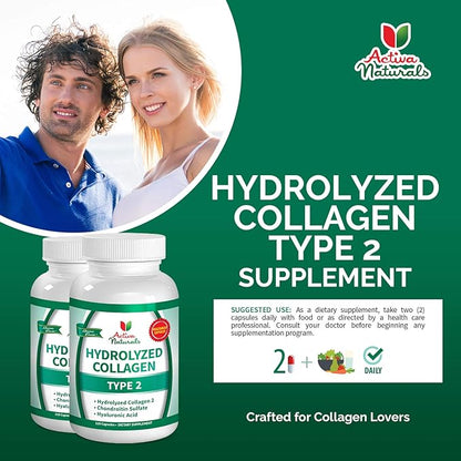 Collagen Type 2 Hydrolyzed Supplement with Chondroitin and Hyaluronic, for Healthy Hair, Skin, Nails, and Joints, No Fillers, Additives, and No Artificial Colors - 120 Vegetarian Capsules