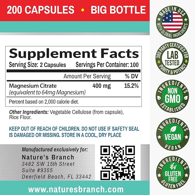 Magnesium Citrate 400mg - 200 Capsules - High Potency for Sleep, Leg Cramps, Extra Strength Absorption, Easy to Swallow Pills for Women & Men, Vegan Supplement Not Tablets - Made in USA