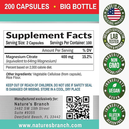 Magnesium Citrate 400mg - 200 Capsules - High Potency for Sleep, Leg Cramps, Extra Strength Absorption, Easy to Swallow Pills for Women & Men, Vegan Supplement Not Tablets - Made in USA