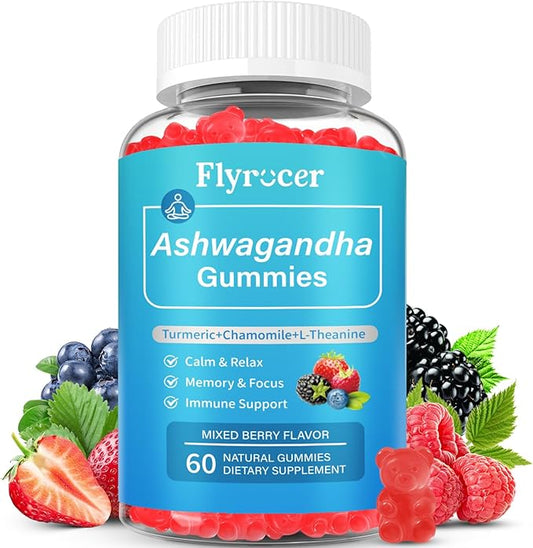Ashwagandha Gummies, Organic Ashwa Root Extract Supplement for Women & Men, Vegan, Gluten-Free, Mixed Berry Flavor, 60 Count