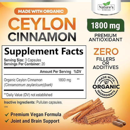 Organic Ceylon Cinnamon Capsules 1800mg - Pure Ceylon Cinnamon Supplements, 1800 mg Certified Organic Powder, Bottled in USA, Non-GMO Gluten Free Sugar Free, Antioxidant Pills Supplement, 60 Capsules