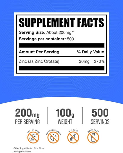 BulkSupplements.com Zinc Orotate Powder - Zinc Minerals Supplement, for Immune Support - Gluten Free, 200mg per Serving, 100g (3.5 oz) (Pack of 1)