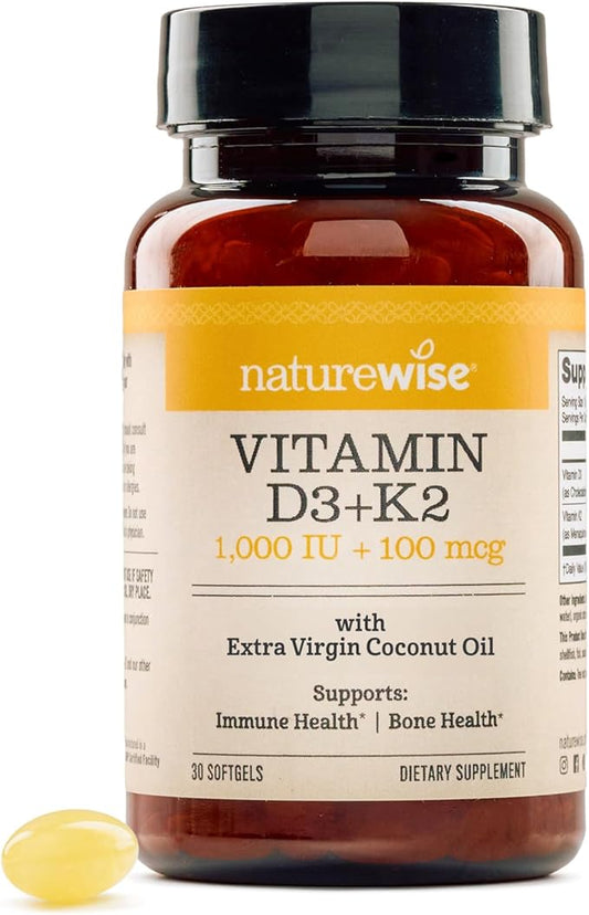 NatureWise Vitamin D3 1000IU + K2 (MK7) 100mcg with Organic Extra Virgin Coconut Oil - Supports Calcium Absorption, Bone & Immune Health - Non-GMO, Soy & Gluten-Free - 30 Softgels[1-Month Supply]