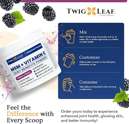 Twig & Leaf MSM + Vitamin C Powder - MSM Powder for Hair Growth & Nail Strength - MSM Supplement for Joint Flexibility - Wildberry MSM Sulfur Powder 30 Servings Non-GMO & Gluten Free - 7.9 Oz