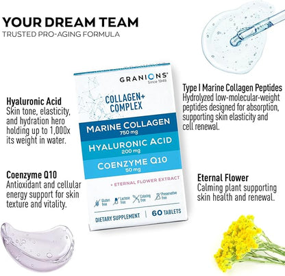 Collagen Complex Supplement – 750mg Hydrolyzed Marine Collagen Peptides, 200mg Hyaluronic Acid, Coenzyme Q10 CoQ10, Eternal Flower Hydration, Age Defense Supplements - 60 Foil Sealed Tablets