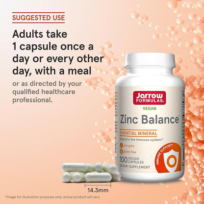 Jarrow Formulas Zinc Balance 15 mg - 100 Servings (Veggie Caps) Includes Copper Essential Mineral for Immune System Support - Immune Support Supp - Gluten Free Zinc Copper Supp - Vegan, Pack of 12