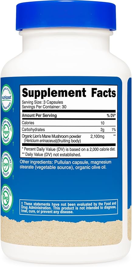 Nutricost Lion's Mane Mushroom Capsules 2100mg, 30 Servings - CCOF Certified Made with Organic, Vegetarian, Gluten Free, 700mg Per Capsule, 90 Capsules