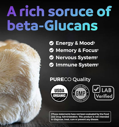 USDA Organic Lions Mane Capsules - 10:1 Extract Equals 10,000mg of Lion’s Mane Mushroom - Powerful 30% Polysaccharides - for Energy, Memory and Focus Supplement - 60 Vegan Capsules (No Pills/Powder)