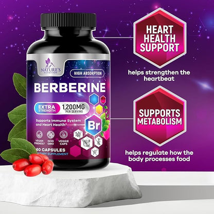 Premium Berberine HCL 1200mg Supplement - Berberine HCI Capsules High Absorption Supplement for Heart Health & Immune Support, High Strength, Gluten-Free, Vegan, Non-GMO Pills - 60 Veggie Capsules
