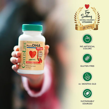 CHILDLIFE ESSENTIALS Pure DHA for Kids - DHA Supplements, DHA EPA Omega 3 Supplement, Children DHA Chewables, Baby DHA, Fish Oil for Toddlers, Gluten Free - Natural Berry, 90 Softgels (Pack of 1)