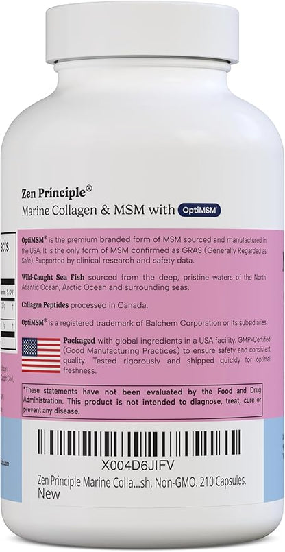 Zen Principle Marine Collagen Peptides Powder with OptiMSM® Supplement. Clinically Tested for Skin Support. Wild-Caught Fish, Non-GMO. 210 Capsules.