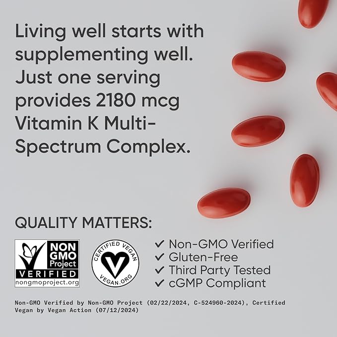 Sports Research® Multi-Spectrum Vitamin K with Coconut MCT Oil - Plant Based Vitamin K1 & K2 (MK-4 + MK-7) - Vegan Certified, Non-GMO & Gluten Free - 60 Veggie Softgels