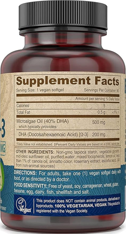 DEVA Vegan Omega-3 DHA Supplement - Once-Per-Day Softgels 200 MG - Carrageenan Free - Gelatin Free - Non-Fish - Algae Oil Omega-3 Fatty Acids - 90 Softgels (Pack of 2)