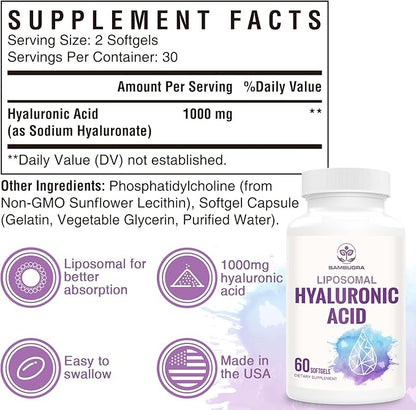 Liposomal Hyaluronic Acid 1000mg, High BioavailabilityHyaluronic Acid Capsules, Dietary Supplement Support Skin and Joint Lubrication, 60 Capsules