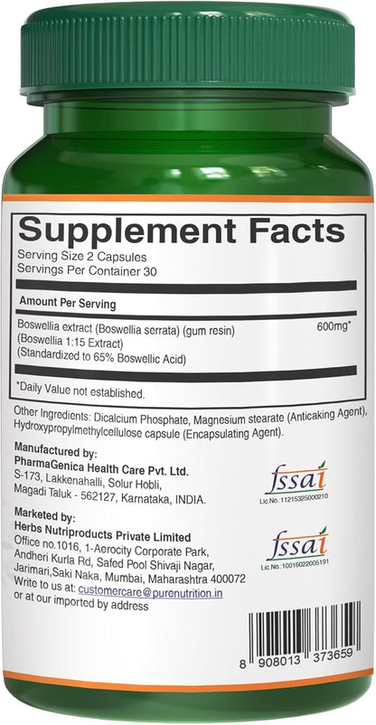 Pure Nutrition Boswellia Serrata Extract 600mg with 65% Boswellic Acids. (Equivalent to 9000mg Boswellia Powder) Non GMO | 60 Veg Caps.