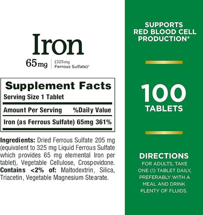Nature's Bounty Iron 65mg, 325 mg Ferrous Sulfate, Cellular Energy Support, Promotes Normal Red Blood Cell Production, 100 Tablets (Pack of 2)