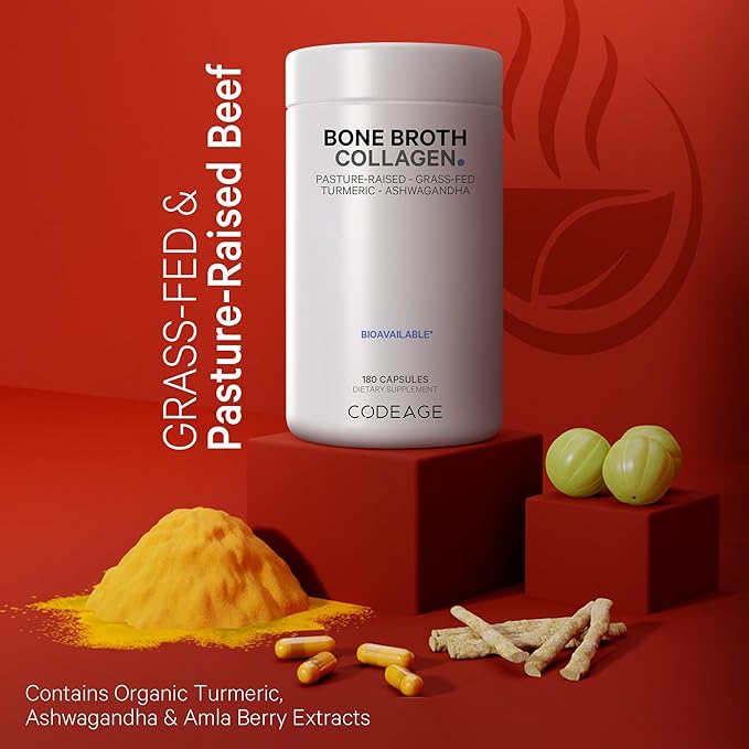 Codeage Organic Bone Broth Collagen Peptides Capsules Supplement, Grass Fed Beef Bone Broth, Free-Range Chicken Bone Broth, Turmeric & Ashwagandha - Collagen Types I, II, III - Non-GMO - 180 Capsules