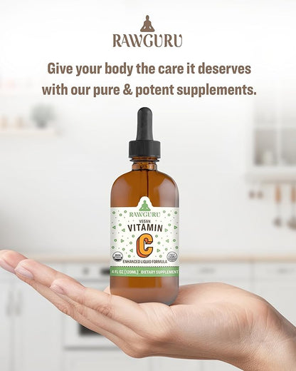 RawGuru Organic Vitamin C Tincture - Liquid Vitamin C with Trace Minerals - Nano-Processed Antioxidant & Immune Support Supplement Tincture - 30 Servings of Vegan Drops per 120 ml, Pack of 1