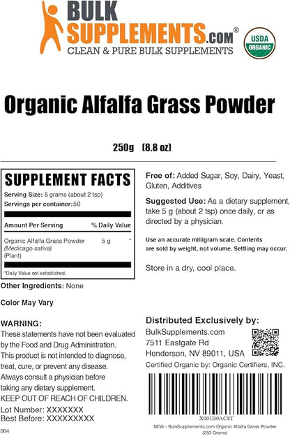 BulkSupplements.com Organic Alfalfa Grass Powder - Alfalfa Supplement, Green Superfood Powder, Alfalfa Powder Organic - Vegan & Gluten Free, 5g per Serving, 250g (8.8 oz) (Pack of 1)