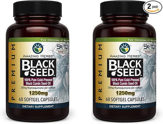 Amazing Herbs Premium Black Seed Oil Capsules - High Potency, Cold Pressed Nigella Sativa Aids in Digestive Health, Immune Support & Brain Function - 60 Count, 1250mg (Pack of 2)