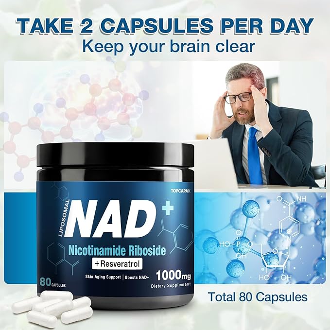 NAD+ Supplement 1000mg - Nicotinamide Riboside (NR) and Resveratrol, Liposomal NAD of Pure Organic Ingredients for Women & Men Healthy Aging, Brain and Cellular Energy, 80 Capsules