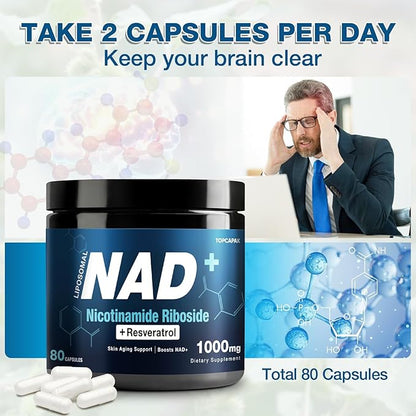 NAD+ Supplement 1000mg - Nicotinamide Riboside (NR) and Resveratrol, Liposomal NAD of Pure Organic Ingredients for Women & Men Healthy Aging, Brain and Cellular Energy, 80 Capsules