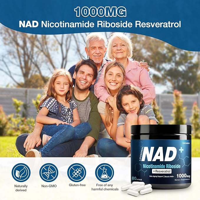 NAD+ Supplement 1000mg - Nicotinamide Riboside (NR) and Resveratrol, Liposomal NAD of Pure Organic Ingredients for Women & Men Healthy Aging, Brain and Cellular Energy, 80 Capsules