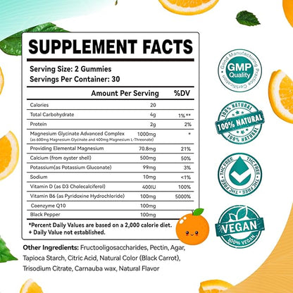 Magnesium Glycinate Gummies 1000mg - Sugar Free Magnesium Potassium Supplement with Vitamin D, B6, CoQ10 for Calm Mood & Sleep Support - 120 Orange Gummies