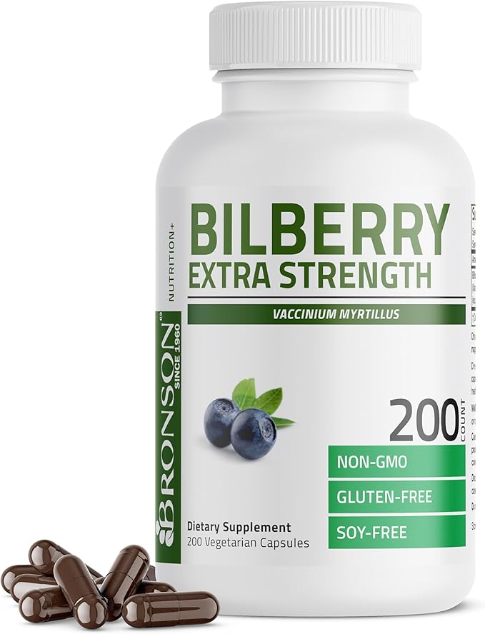 Bronson Bilberry Extra Strength Vaccinium Myrtillus, Promotes Eye Health and Supports Healthy Vision - Non GMO, 200 Vegetarian Capsules