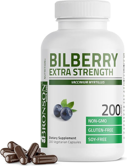Bronson Bilberry Extra Strength Vaccinium Myrtillus, Promotes Eye Health and Supports Healthy Vision - Non GMO, 200 Vegetarian Capsules