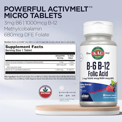 KAL Vitamin B-6, B-12 & Folic Acid Supplement, Heart Health, Energy & Red Blood Cell Support*, with Vitamin B12 Methylcobalamin & Folate, Natural Berry Flavor, 60 Servings, 60 ActivMelt Micro Tablets
