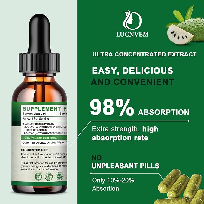 Soursop Graviola Liquid Drops 2000mg, Soursop Extract Organic Pure for Natural Antioxidant, Cell Support & Regeneration, Immune Boost, Soursop Bitters Liquid - Soursop Flavor- 1 FL OZ