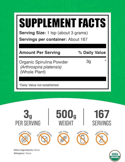 BulkSupplements.com Organic Spirulina Powder - Superfood, Green Spirulina Powder, Herbal Supplement - Vegan-Friendly, 3g per Serving, 500g (1.1 lbs) (Pack of 1)