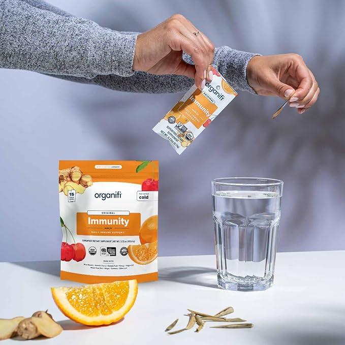 Organifi Immunity - Organic Superfood Immunity Support - 15 Single Serve Packets - Immunity Powder for T Cell Production and Upper Respiratory Health - Mushroom Beta Glucans, Vitamin C, D and Zinc