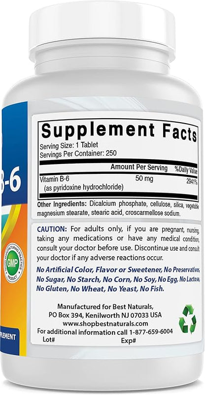 Best Naturals Vitamin B6 50 mg 250 Tablets (250 Count (Pack of 2))