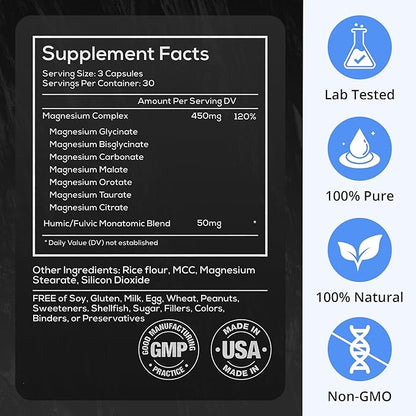 Wild Foods Magnesium Complex Supplement with 7X Forms, 90 Capsules | High Absorption, Full Spectrum, Easy Digestion | 500mg Glycinate, Bisglycinate, Malate, Orotate, Citrate, Taurate