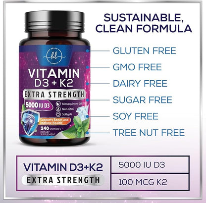 Vitamin D3 5000 IU with K2 100 mcg - D3 K2 Supplement, 2 in 1 Vitamins D & K2 Complex Softgels for Calcium Absorption, Bone, Teeth, Heart & Immune Support, Easy to Swallow, Non GMO - 240 Softgels