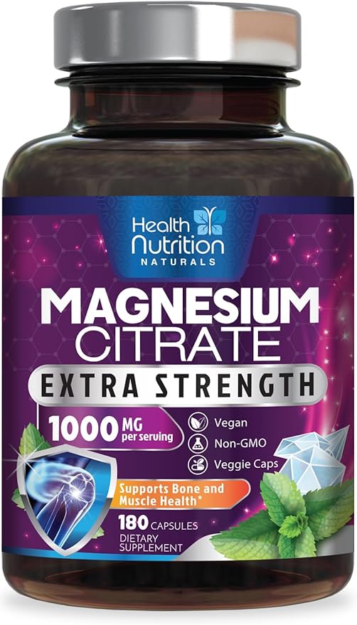 Magnesium Citrate Capsules 1000mg - Max Absorption Magnesium Powder for Muscle, Nerve, Bone and Heart Health Support, High Absorption Citrate Complex, Gluten Free, Non-GMO - 180 Capsules