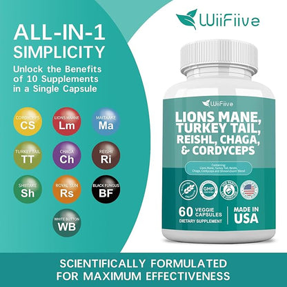 Lions Mane 3000mg Turkey Tail 3000mg Reishl 1000mg Chaga 1000mg Cordyceps Powder Extract Containing Maitaake Shiitake Black Fungus,Brain Supplement, Mineral Supplements, 60 Capsules