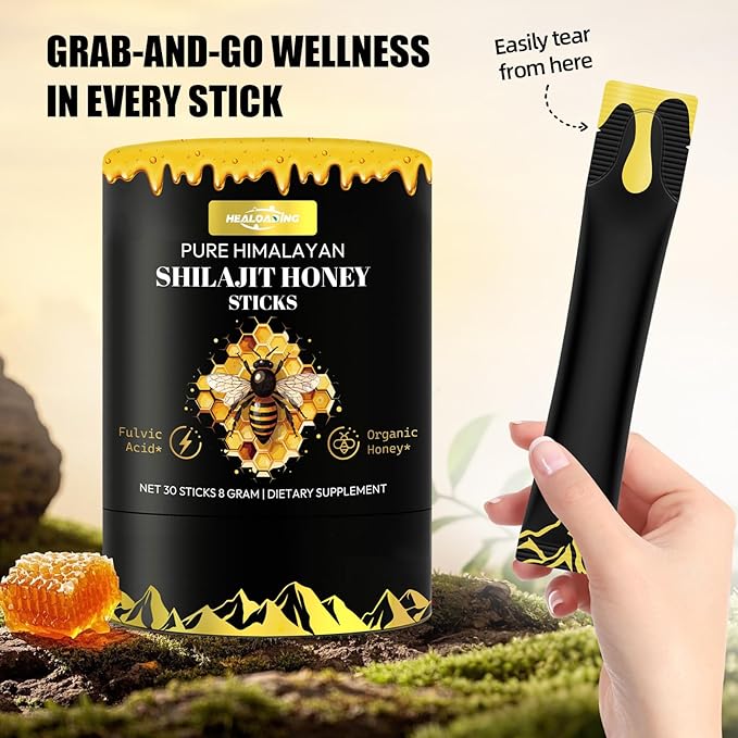 Himalayan Shilajit Honey Sticks for Men: Shilajit for Women with Organic Honey and Saffron 30 Sticks for Energy Boost & Immune Support, 85+ Trace Minerals, 75%+ Fulvic Acid
