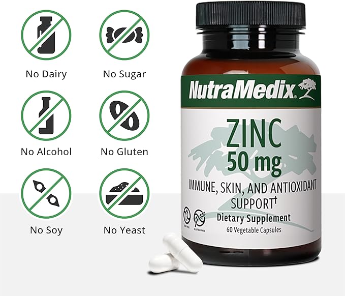 NutraMedix Zinc 50mg - Zinc Supplements for a Healthy Immune Defense, Skin Health & Antioxidant Support - Easy to Digest Zinc for Immune Health (60 Capsules)