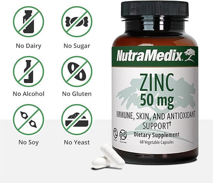 NutraMedix Zinc 50mg - Zinc Supplements for a Healthy Immune Defense, Skin Health & Antioxidant Support - Easy to Digest Zinc for Immune Health (60 Capsules)