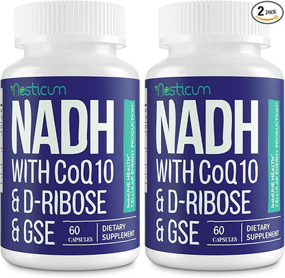 NADH 50mg + CoQ10 200mg + D-Ribose 150mg Supplement, Boosting NAD+ Supplements for Immune System, Cellular Energy, Focus, Reduced Nicotinamide Adenine Dinucleotide, 120 Veggie Capsules